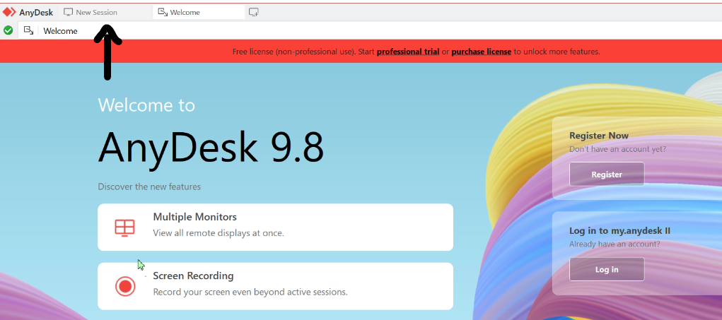 חלון AnyDesk 9.8 — חץ מצביע על הלשונית New Session בשורת הלשוניות העליונה