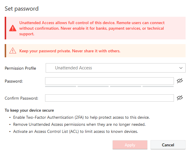 חלון Set password עם שדות Password ו-Confirm Password וכפתור Apply