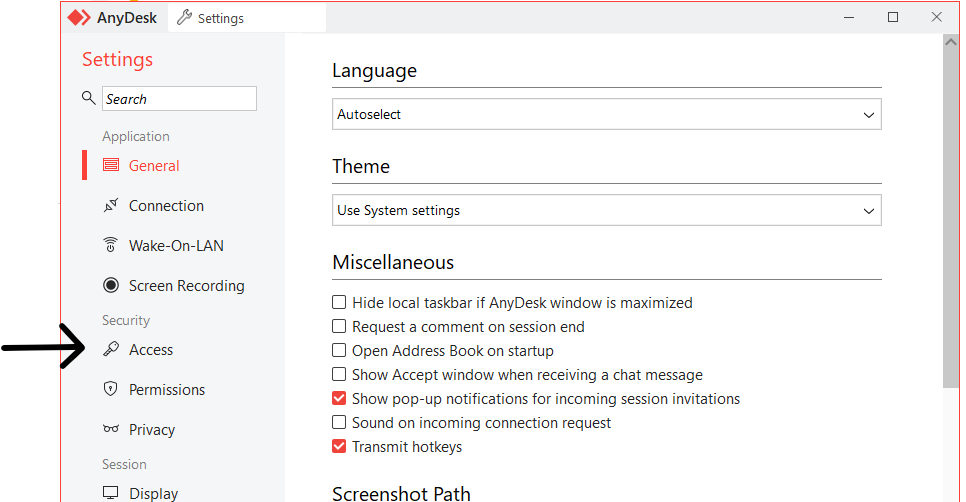הגדרות AnyDesk — חץ מצביע על Access בתפריט הצד