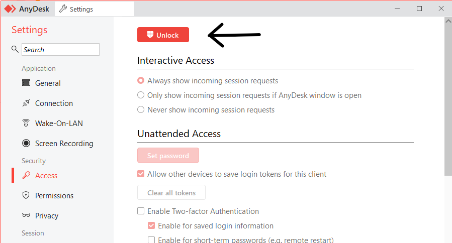מסך Access — חץ מצביע על הכפתור Unlock